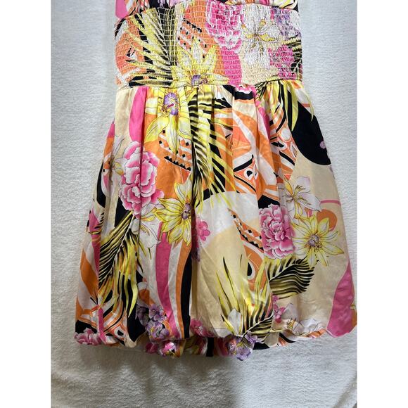 Vintage Cache Silk Floral Bubble Hem Halter Smocked Mini Dress Womens Large / XL - Picture 4 of 12